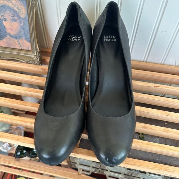 Eileen Fisher Black Leather Round Toe High Heel Pumps Size 11 - Picture 3 of 8